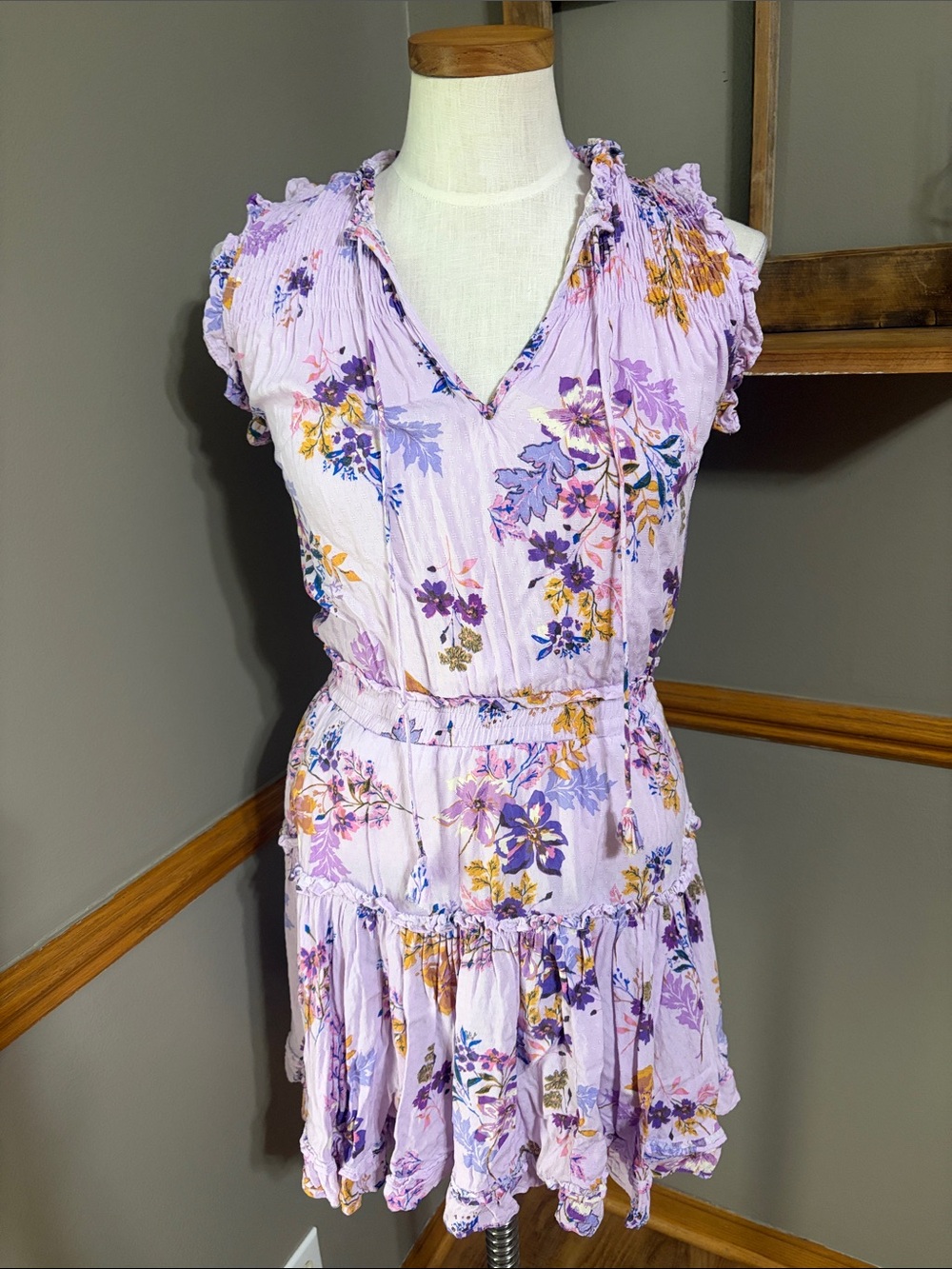 Dear John purple Floral Tiered sleeve less Ruffle Dress size small